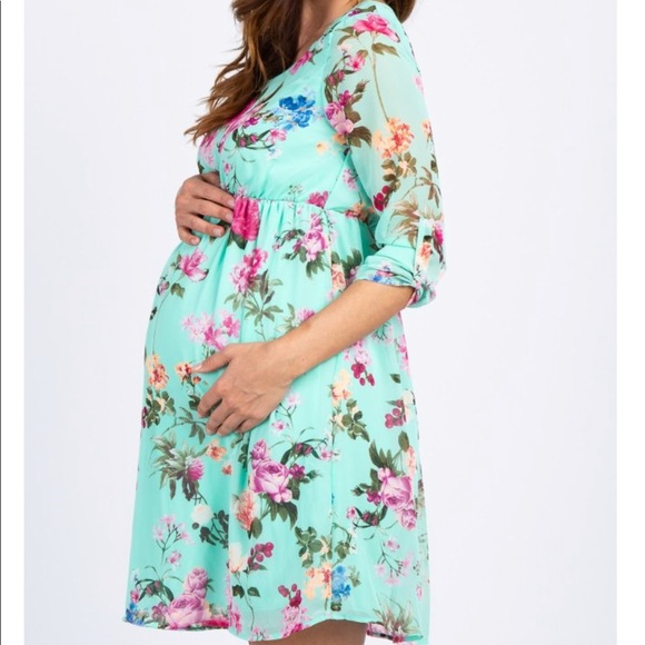 Mint floral chiffon maternity dress - Picture 5 of 6